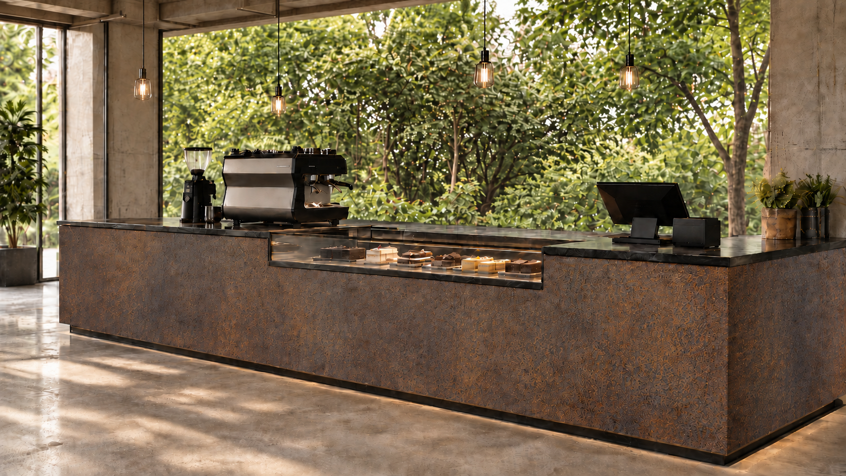Design visualization of the planned Lean & Green Café counter at The Camp Garage