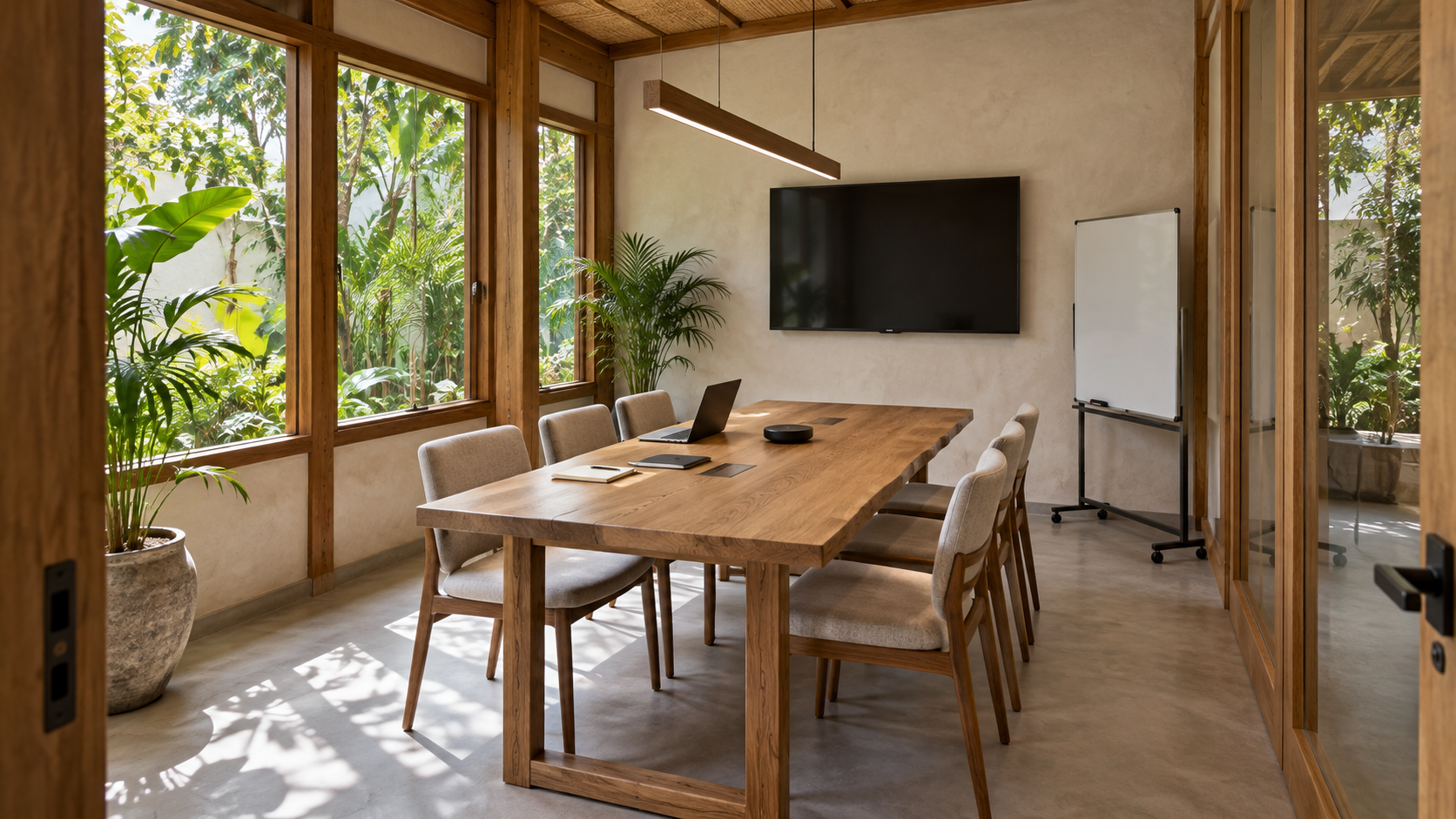 Architectural visualization of The Garage meeting room with a central wooden table, six chairs and garden views