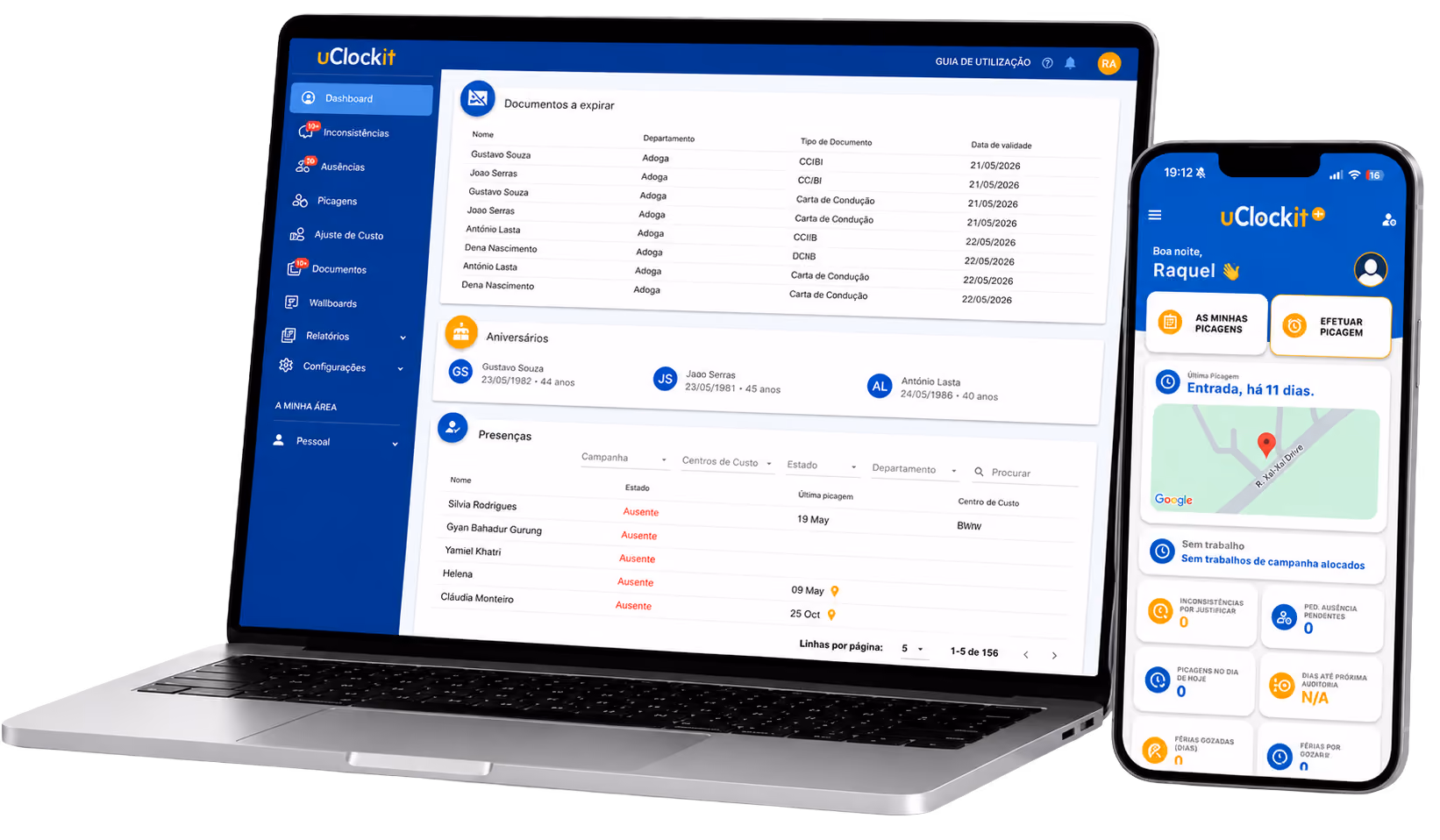 Laptop and smartphone displaying uClockit software interface for workforce management; laptop screen shows document review, birthdays, and attendance tracking sections, smartphone screen shows greeting with user name, buttons for records and check-ins, a map with location marker, and absence notifications.