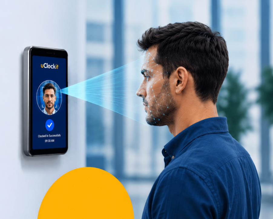 Homem a usar um sistema de autenticação facial num dispositivo montado numa parede, que o identifica e confirma o registo de entrada com a hora 09:30.