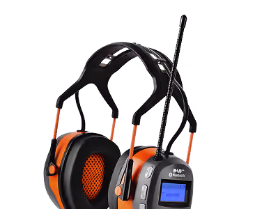 Orange and black wireless Bluetooth earmuffs with an antenna and digital display.
