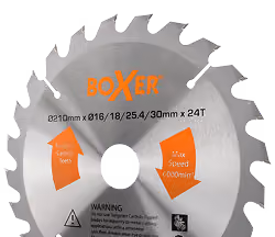 Rundsavklinge med 24 tænder mærket BOXER, 82x30 mm, med en max hastighed på 6000 rpm.