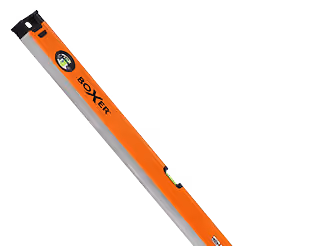Orange og sølv vaterpas med mærket Boxer og to grønne bobler.