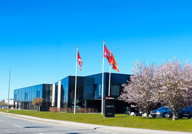 Moderne kontorbygning med store glasvinduer, flagstænger og blomstrende træ under klar blå himmel.