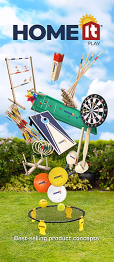 Home It Play logo with assorted lawn games including croquet, cornhole, darts, spikeball, and giant Jenga.
