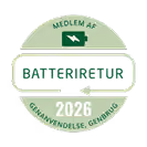 Logo med teksten «Medlem av Battery Return 2026 Recycling, Recycling» med et batteriikon.