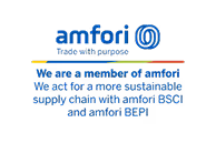 amfori-logo med tekst om bærekraftige forsyningskjeder og amfori BSCI- og BEPI-medlemskap.