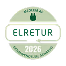 Grønn rund merke med teksten «Medlem av Elretur 2026 Gjenvinning. Gjenvinning.»