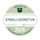 Grønt sirkulært merke med teksten «Medlem av emballasjeretur 2026 resirkulering».