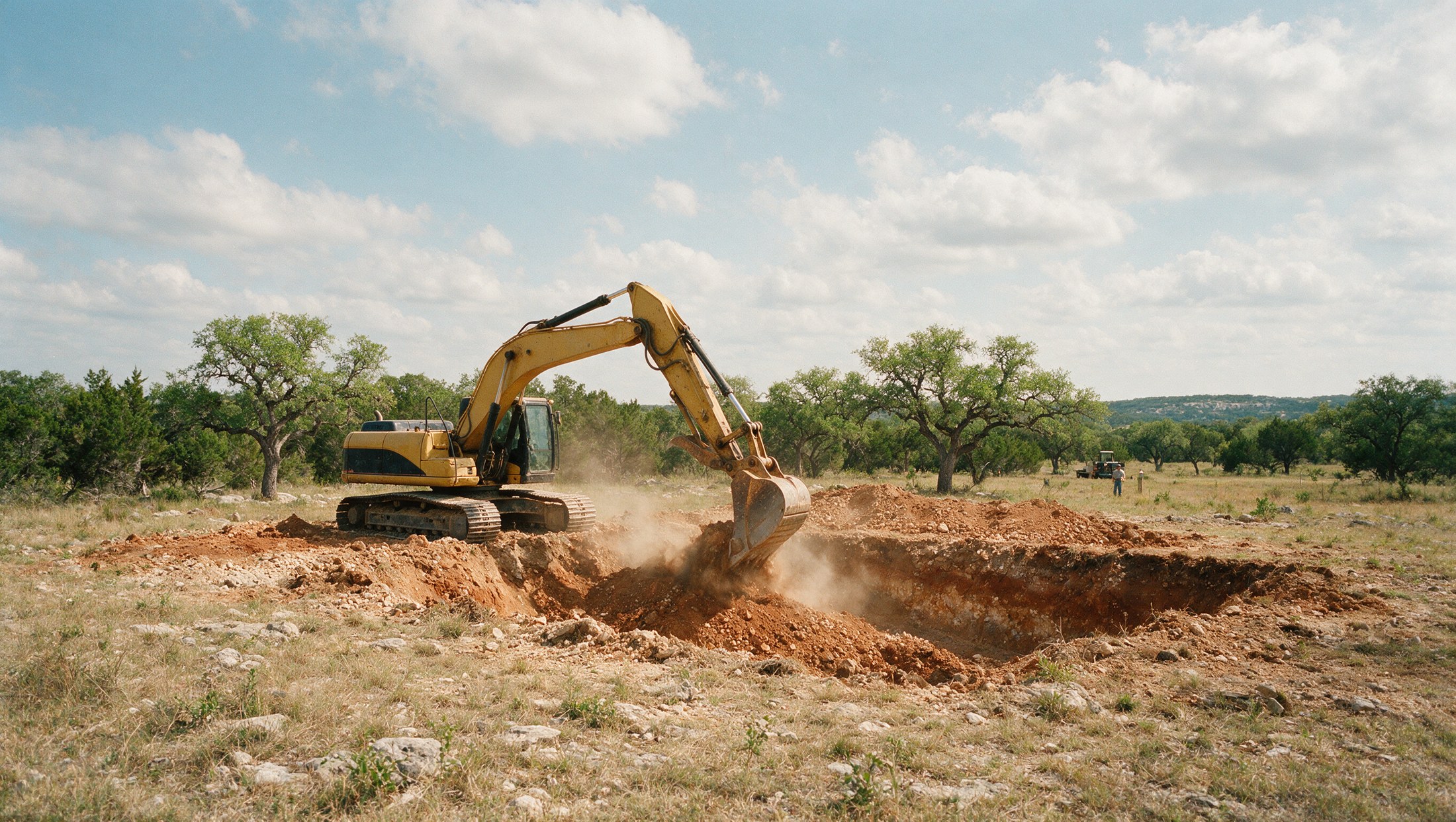 Dusty Rhodes Septic crew excavating for a septic system in Central Texas