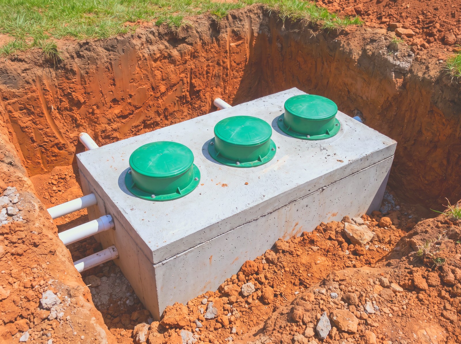 Tanks, drain gravel, pipes, and risers supplied and installed the right way.