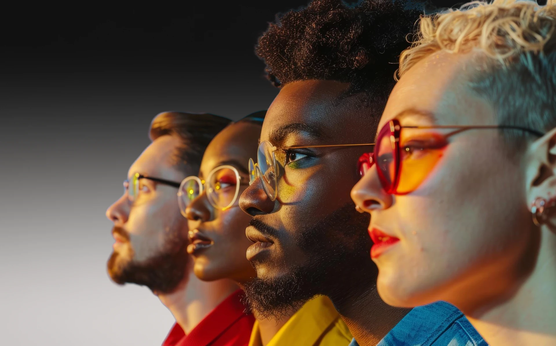 Four creators in colourful glasses shown in profile under warm light