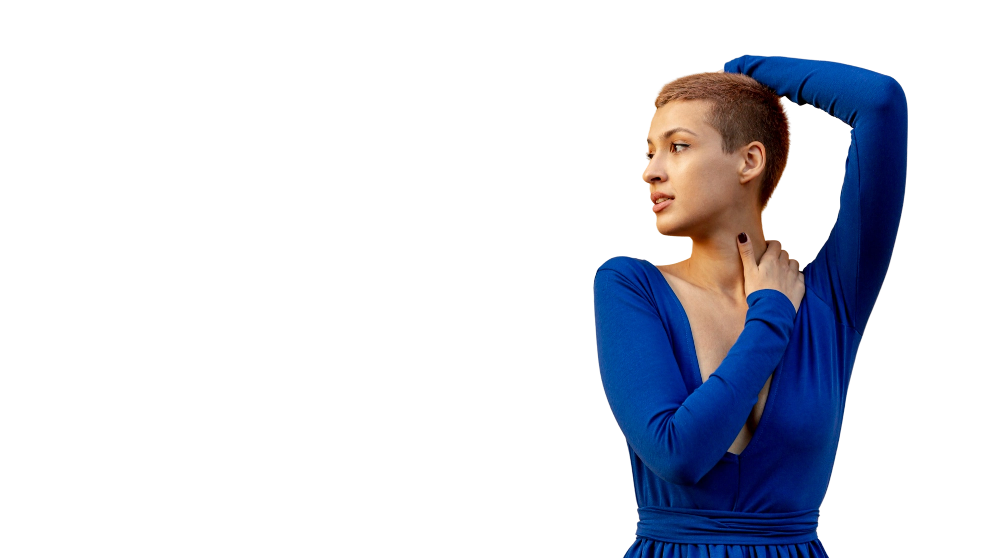 Creator in a blue dress against a black background