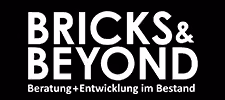 Logo von Bricks & Beyond mit dem Untertitel Beratung + Entwicklung im Bestand in weißer Schrift auf schwarzem Hintergrund.