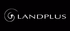 Logo mit dem Schriftzug Landplus und einem stilisierten, spiralförmigen Symbol links davon, dargestellt auf schwarzem Hintergrund.
