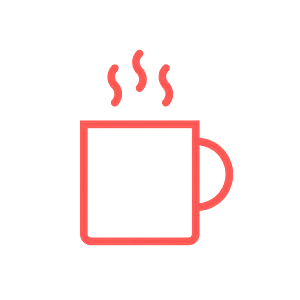 Rote Umrisszeichnung einer dampfenden Tasse Kaffee auf schwarzem Hintergrund.