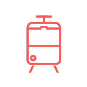 Rote stilisierte Ikone einer Zugfrontansicht mit Fenstern und Pantograph auf schwarzem Hintergrund.