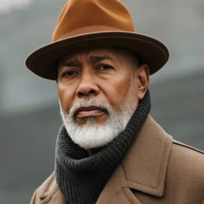 Portrait of a mature man with a white beard wearing a brown hat, brown coat, and black scarf against a blurred background.