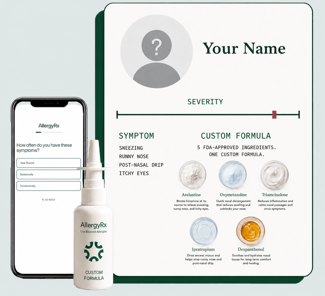 AllergyRx custom formula card beside the symptom quiz on a phone and a nasal spray bottle