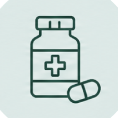 Prescription bottle with a medical cross and capsules
