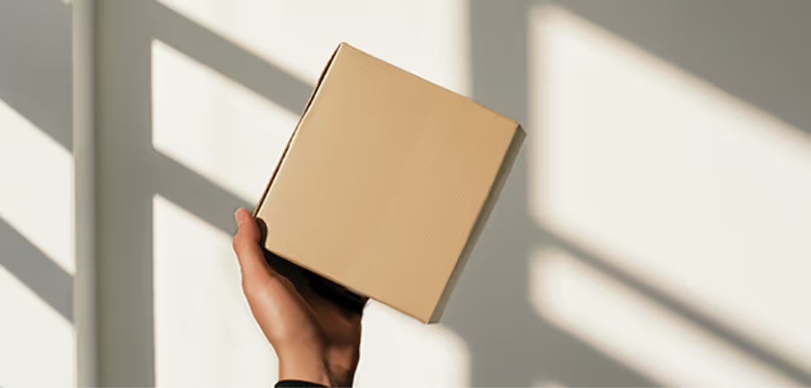 A hand holding a plain cardboard AllergyRx shipping box against a bright wall