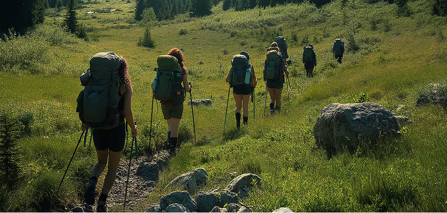 Hikers with backpacks walking uphill through a green mountain meadow