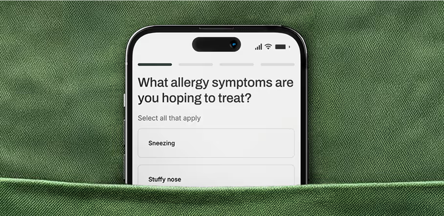 The AllergyRx symptom quiz open on a phone, asking which allergy symptoms to treat