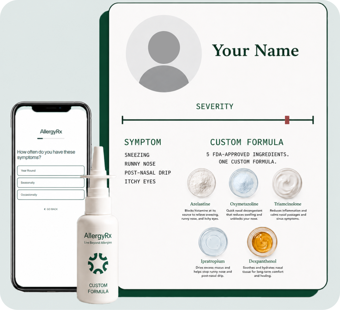 AllergyRx custom formula card beside the symptom quiz on a phone and a nasal spray bottle