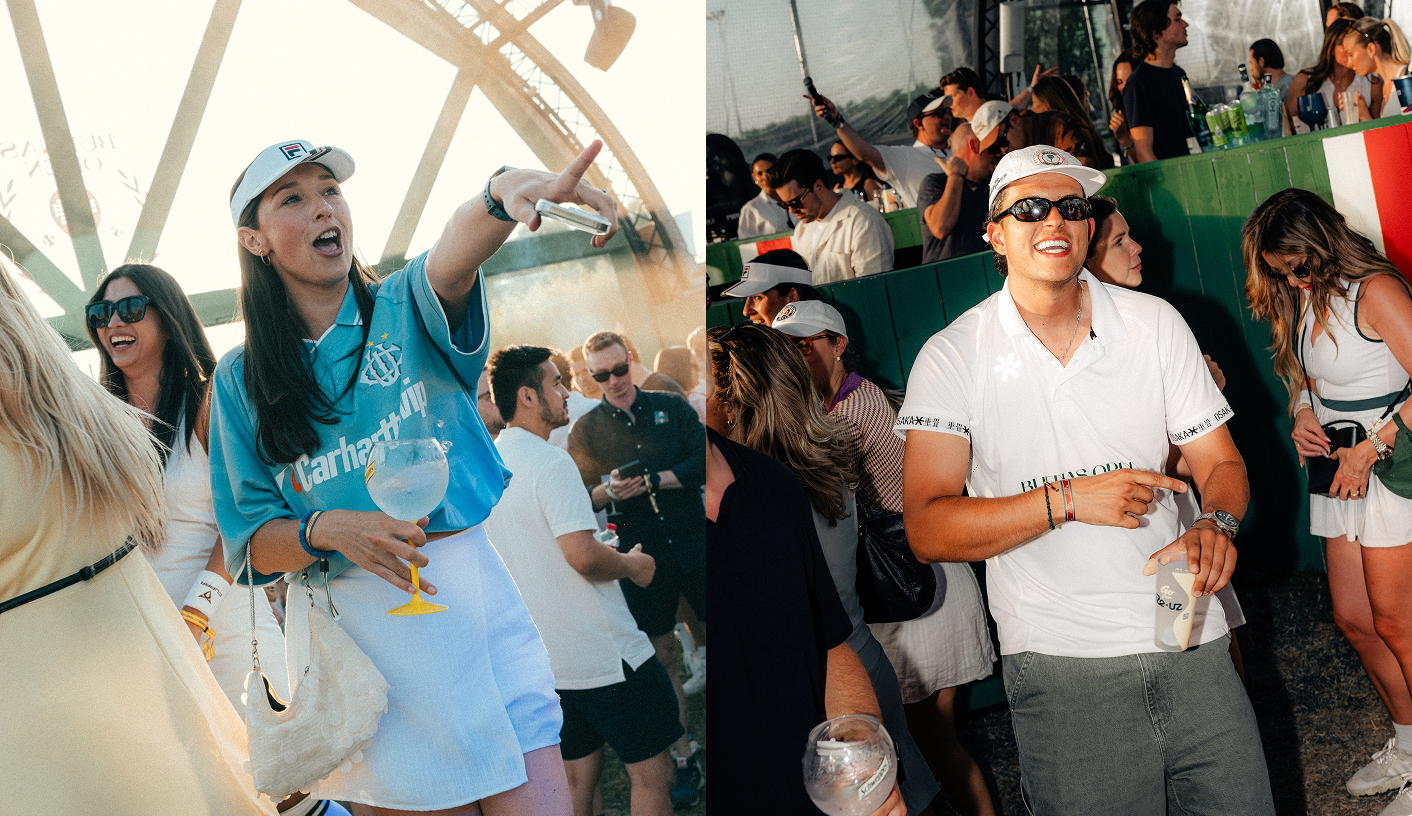 Two photos side by side of visitors in white and light blue outfits at the event