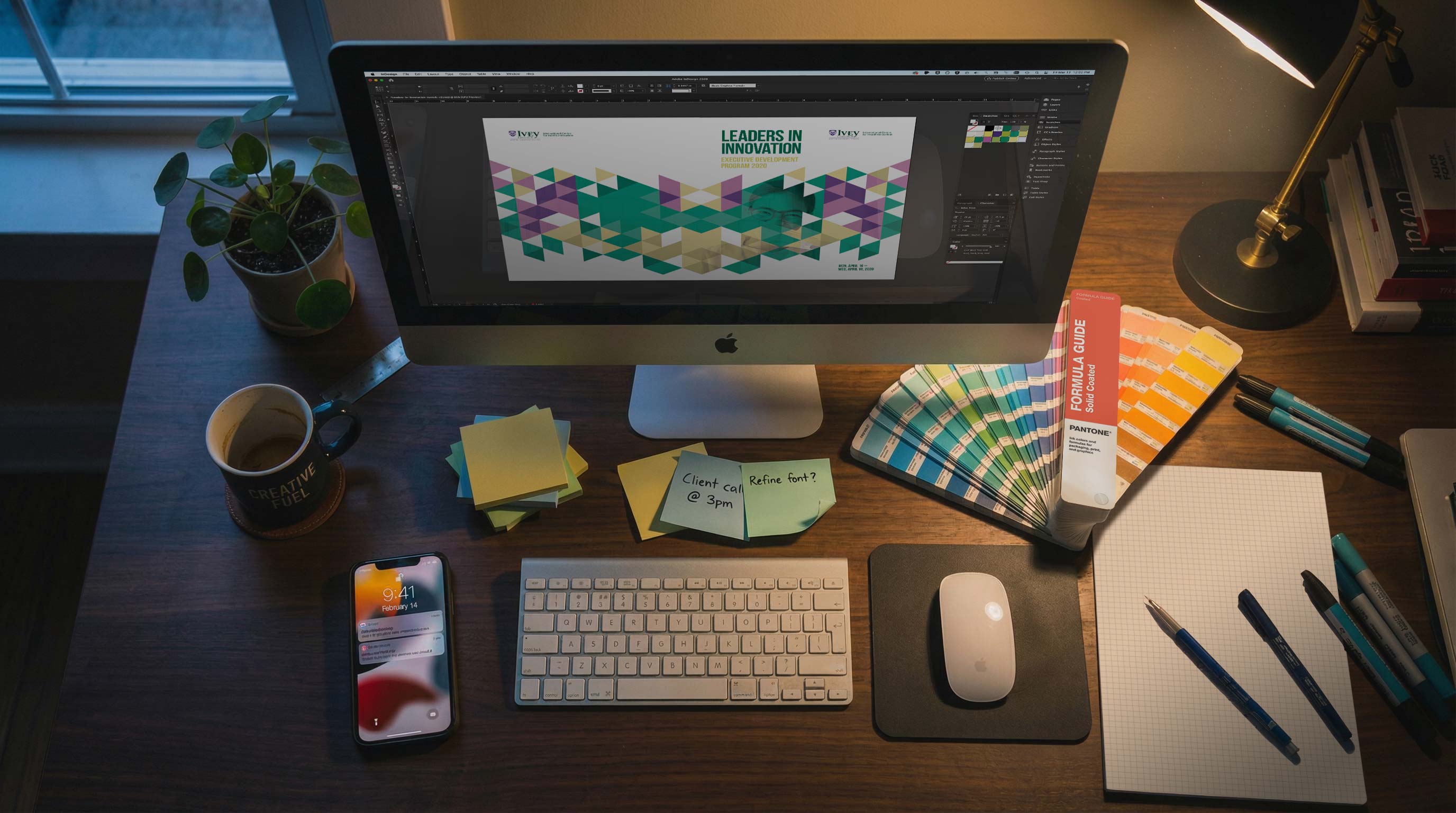 Overhead view of a graphic design workspace