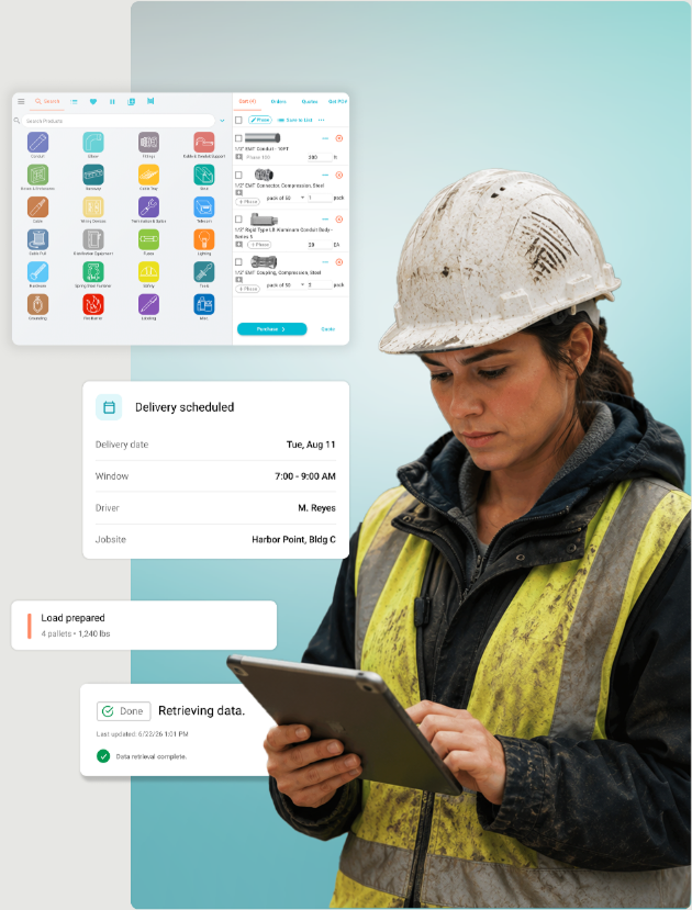 A contractor reviewing a delivery on a tablet, with Remarcable order and delivery cards