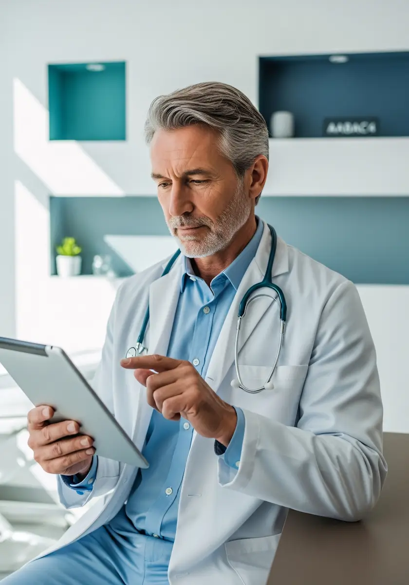 Medical professionals in a conference room discussing data shown on a screen and laptops.