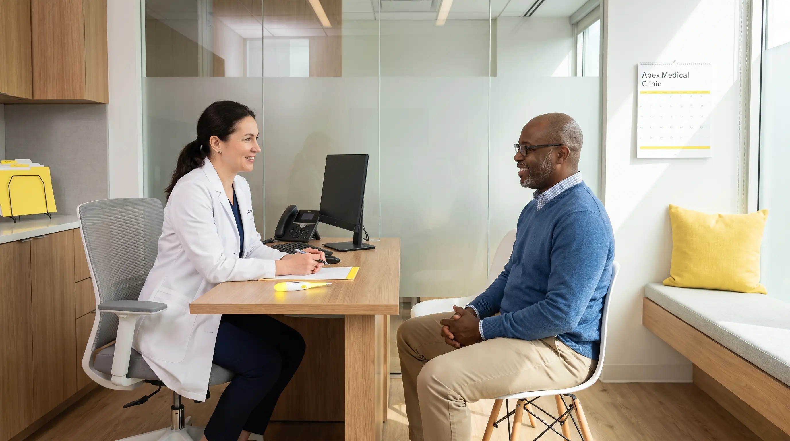 Doctor in white coat shows patient info brochure, both looking at a monitor with health info.