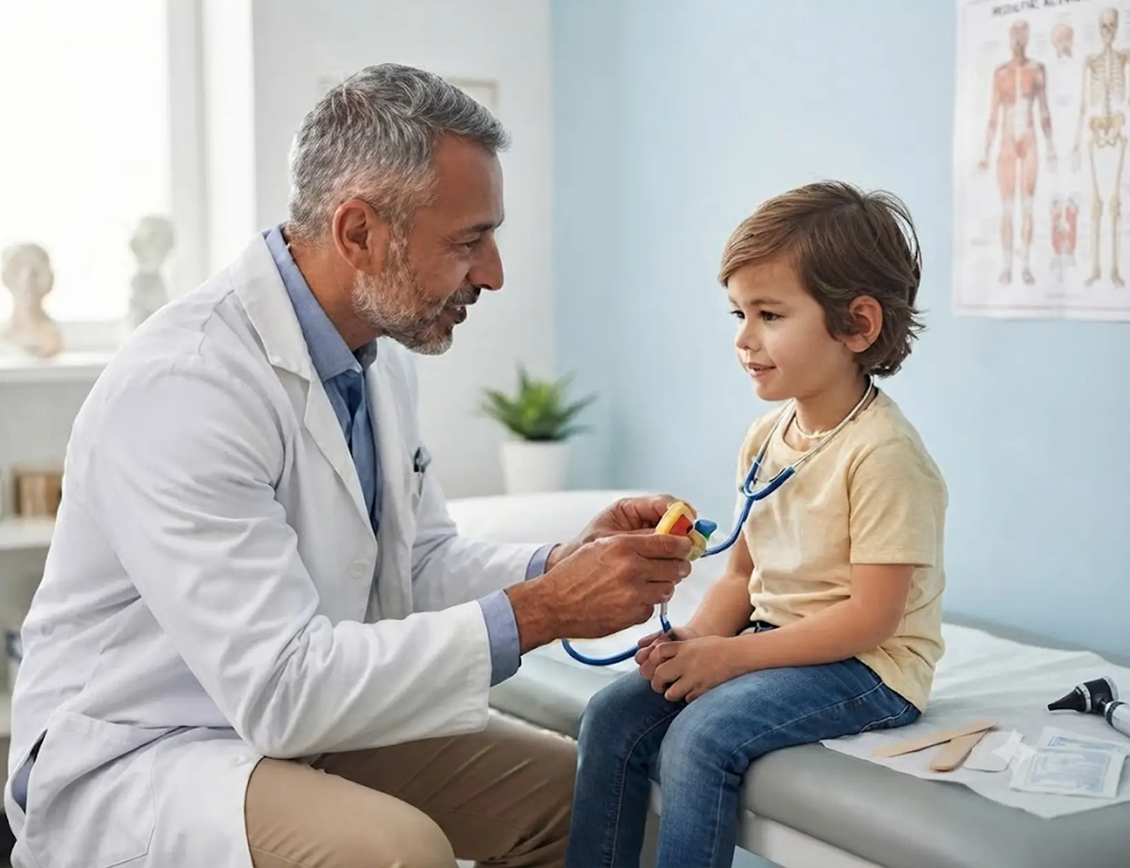Doctor using a stethoscope on a smiling boy sitting on an exam table in a medical office.