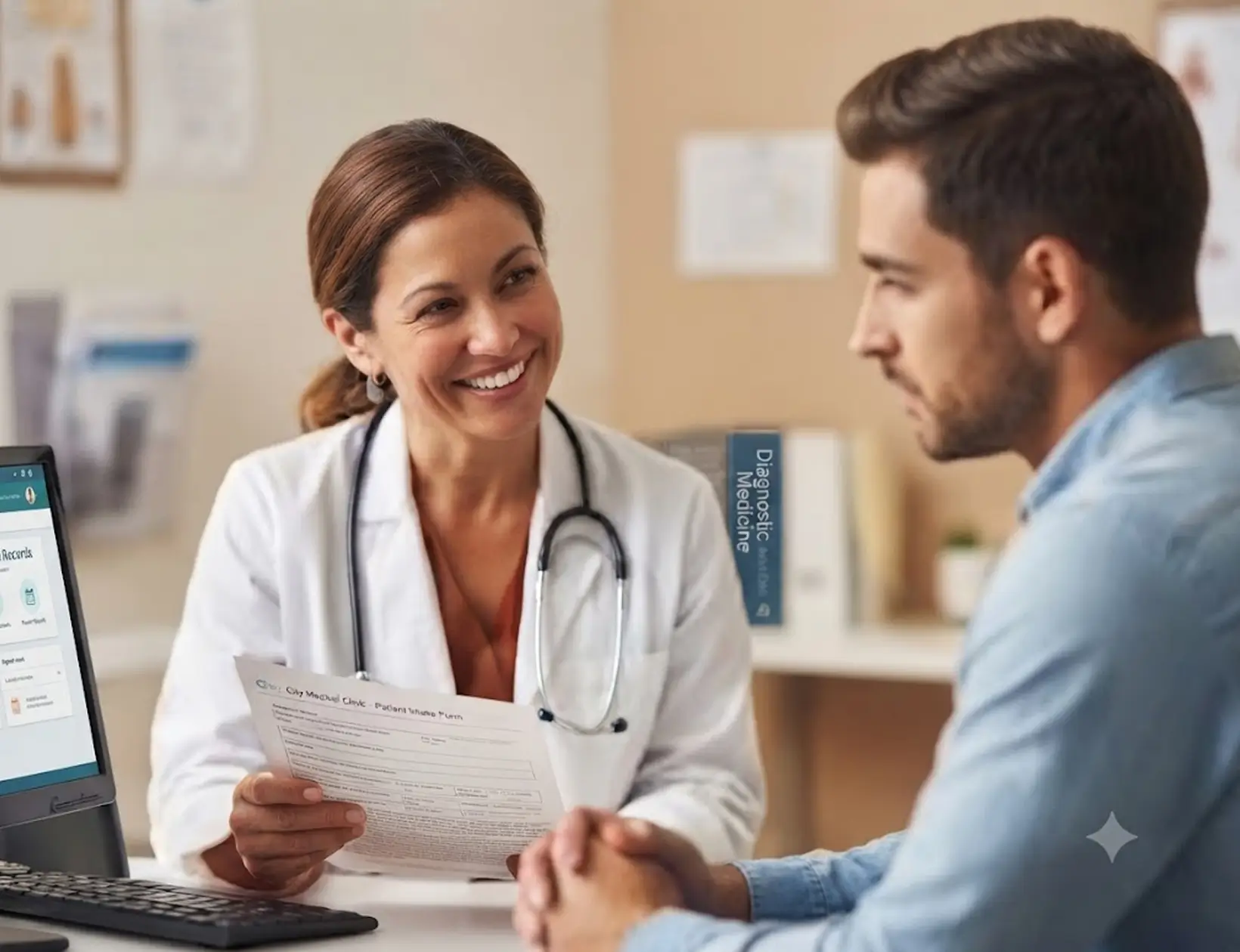 Smiling female doctor in white coat talks to male patient in a medical office.