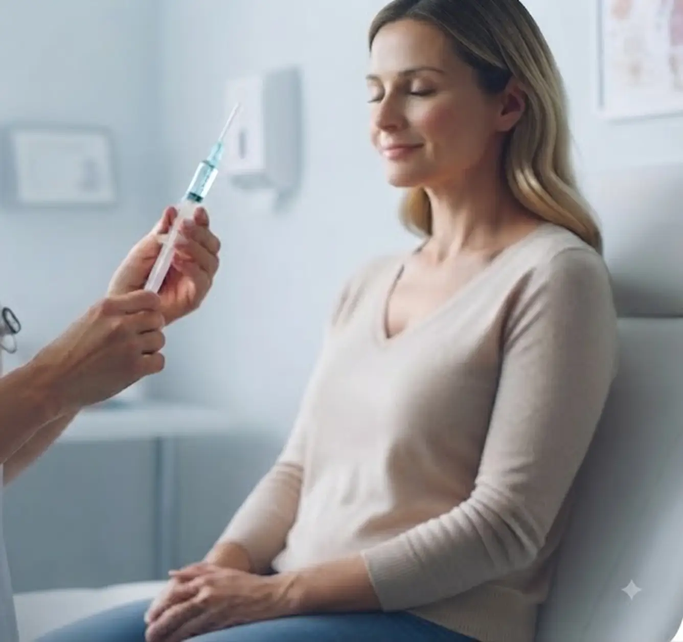 Woman with eyes closed sitting calmly as medical professional prepares a syringe for injection.