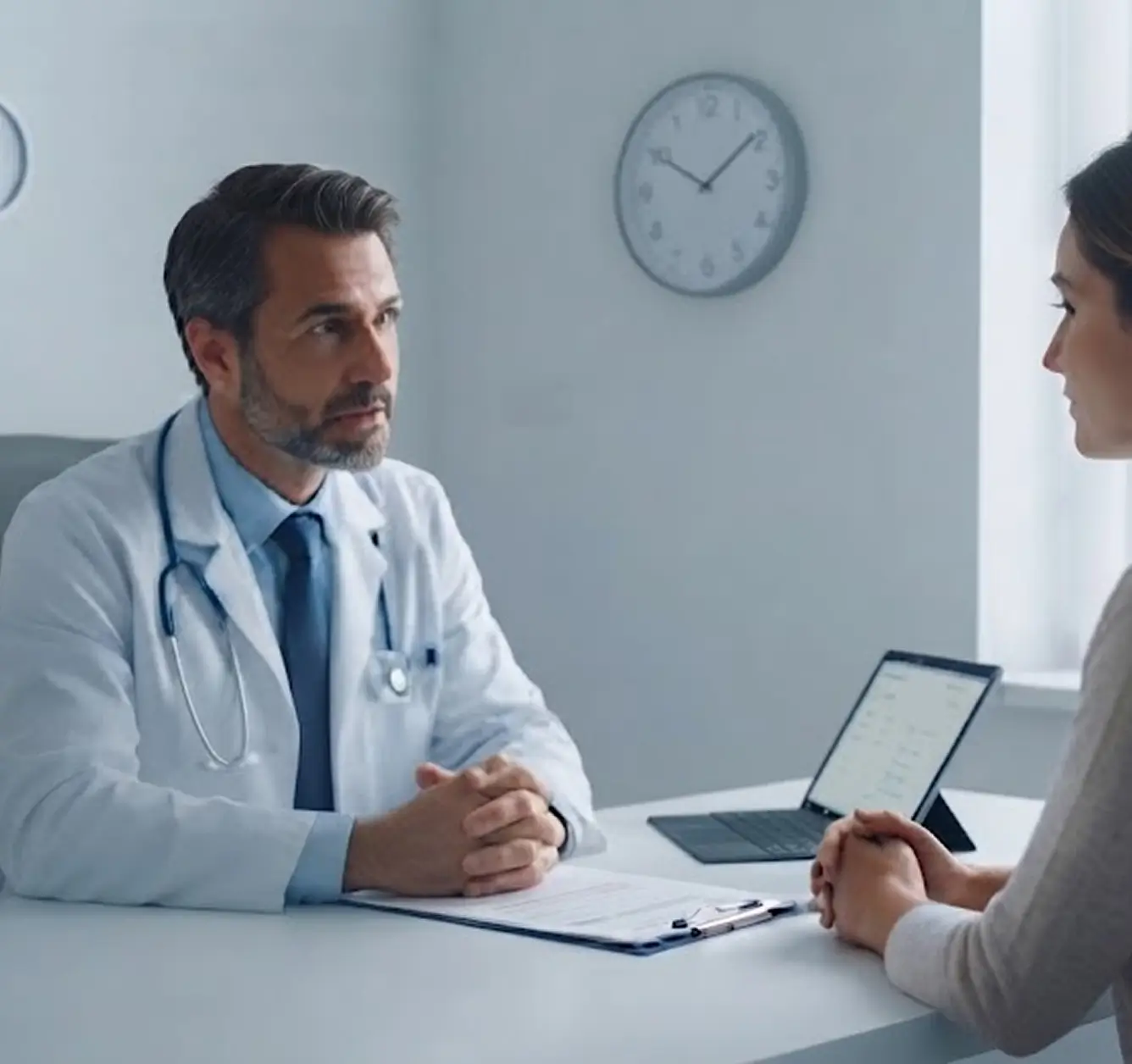 Doctor in white coat consulting a female patient across a desk with a tablet and clipboard.