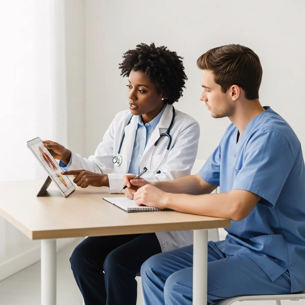 Female doctor showing a medical image on tablet to a male nurse taking notes at a table.