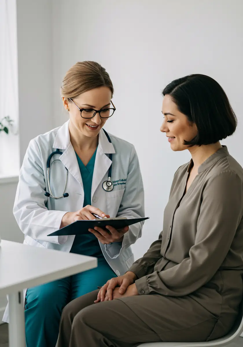 Female doctor in white coat showing clipboard to smiling female patient in a clinical setting.