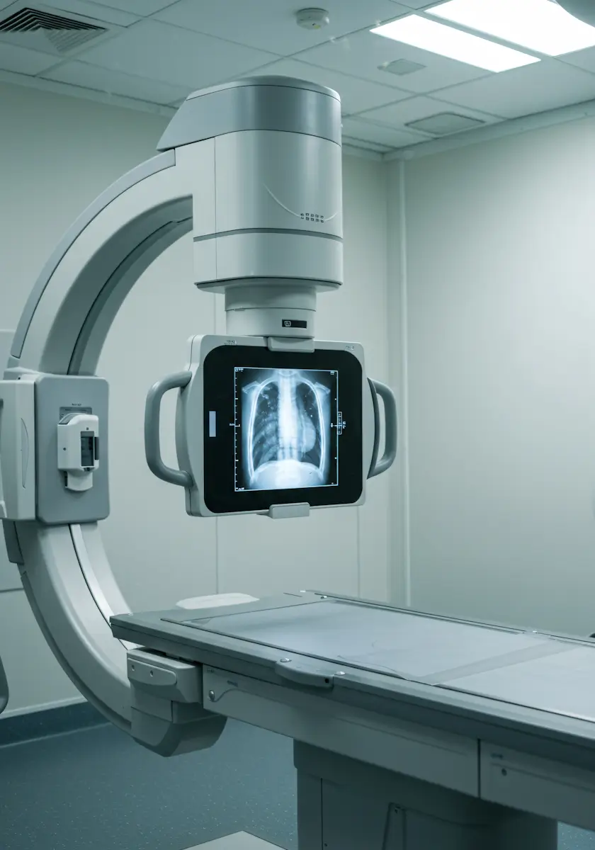 Medical X-ray machine showing a chest X-ray image of lungs and ribs.