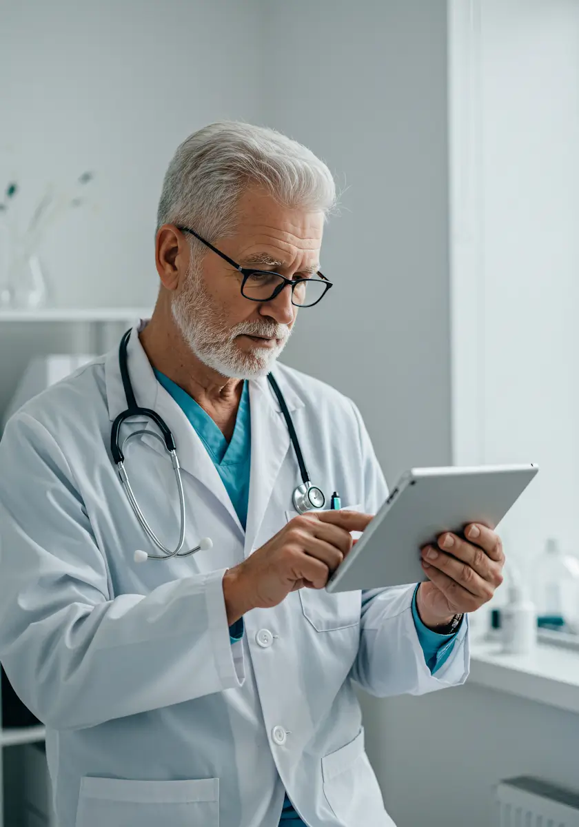 Senior male doctor wearing glasses and white coat using a digital tablet in a medical office.