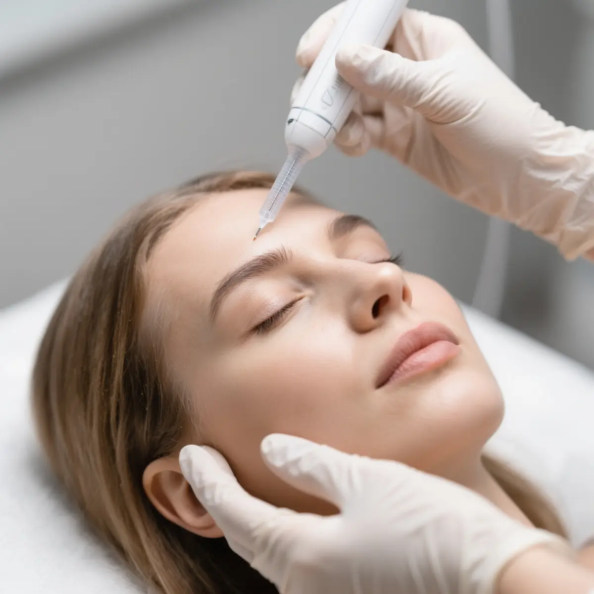 Gloved hands performing a microneedling procedure on a woman’s forehead with her eyes closed.