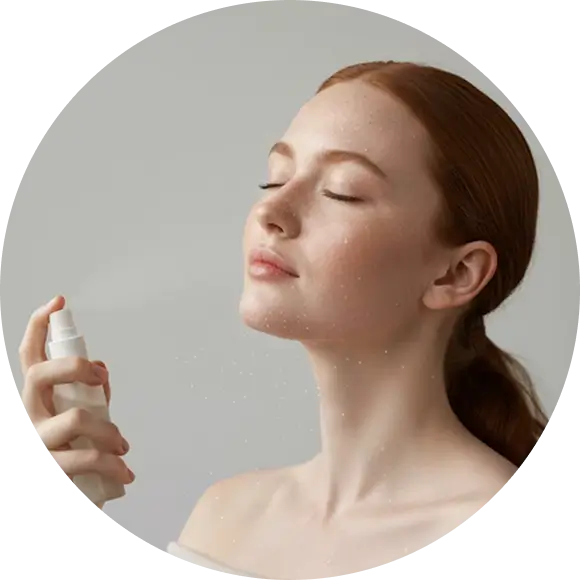 Woman with red hair spraying mist on her face with eyes closed against a gray background.