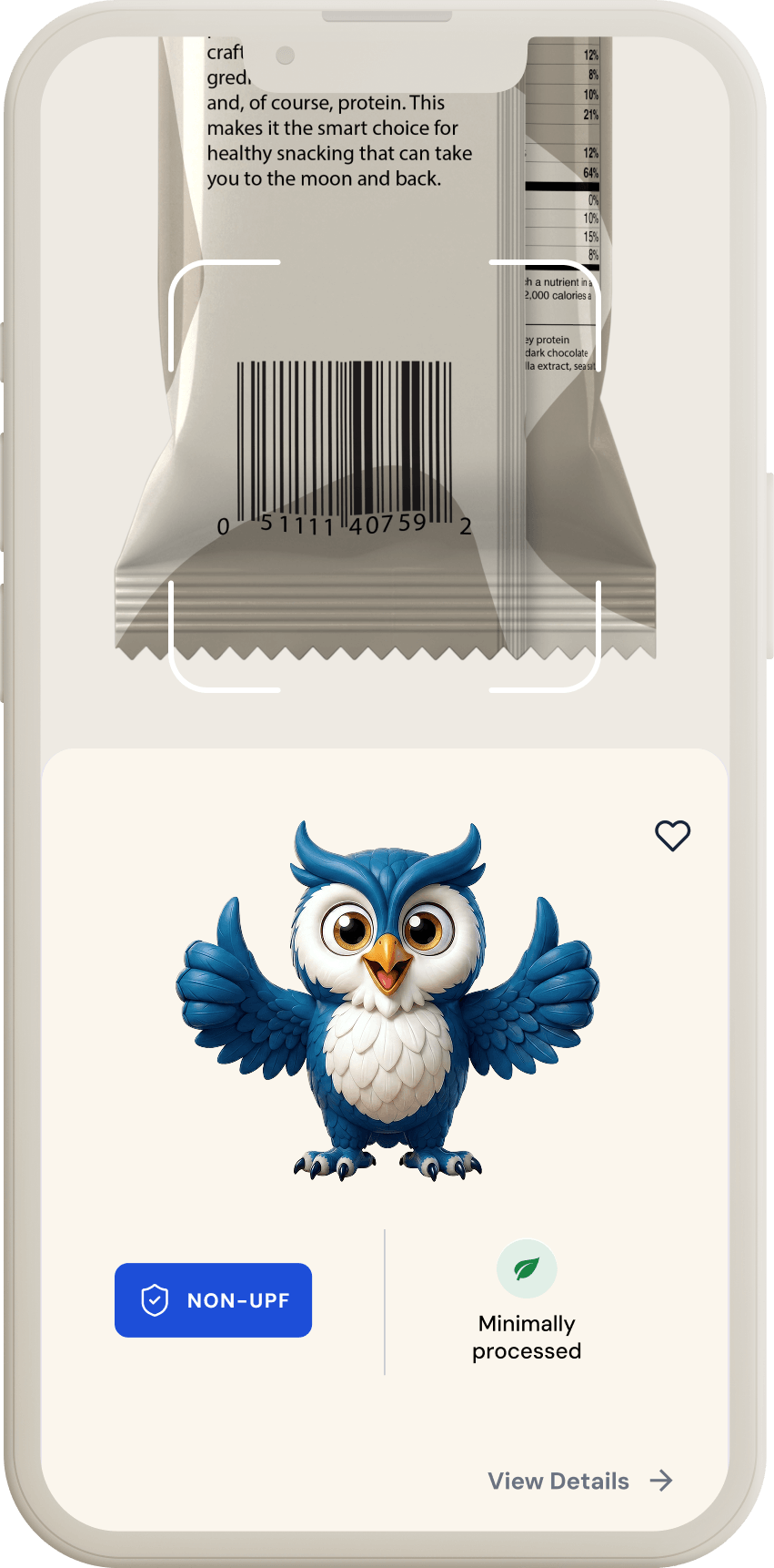 Smartphone screen showing WISEcode with a blue cartoon owl giving thumbs up with labels Non-UPF and Minimally processed.