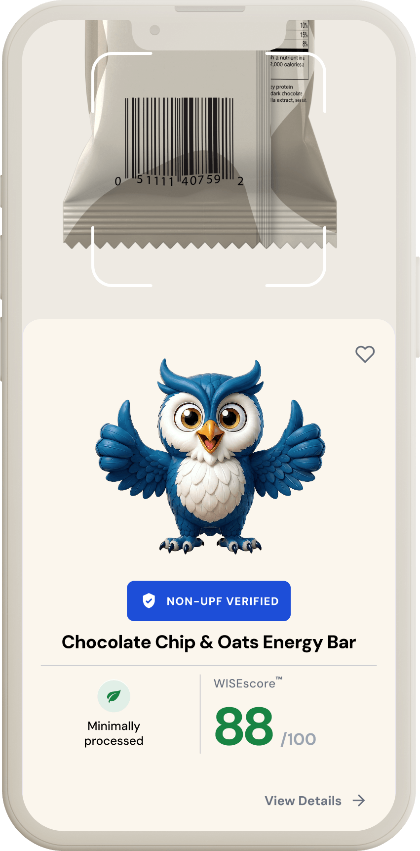 Smartphone screen showing WISEcode with a blue cartoon owl giving thumbs up with labels Non-UPF and Minimally processed.