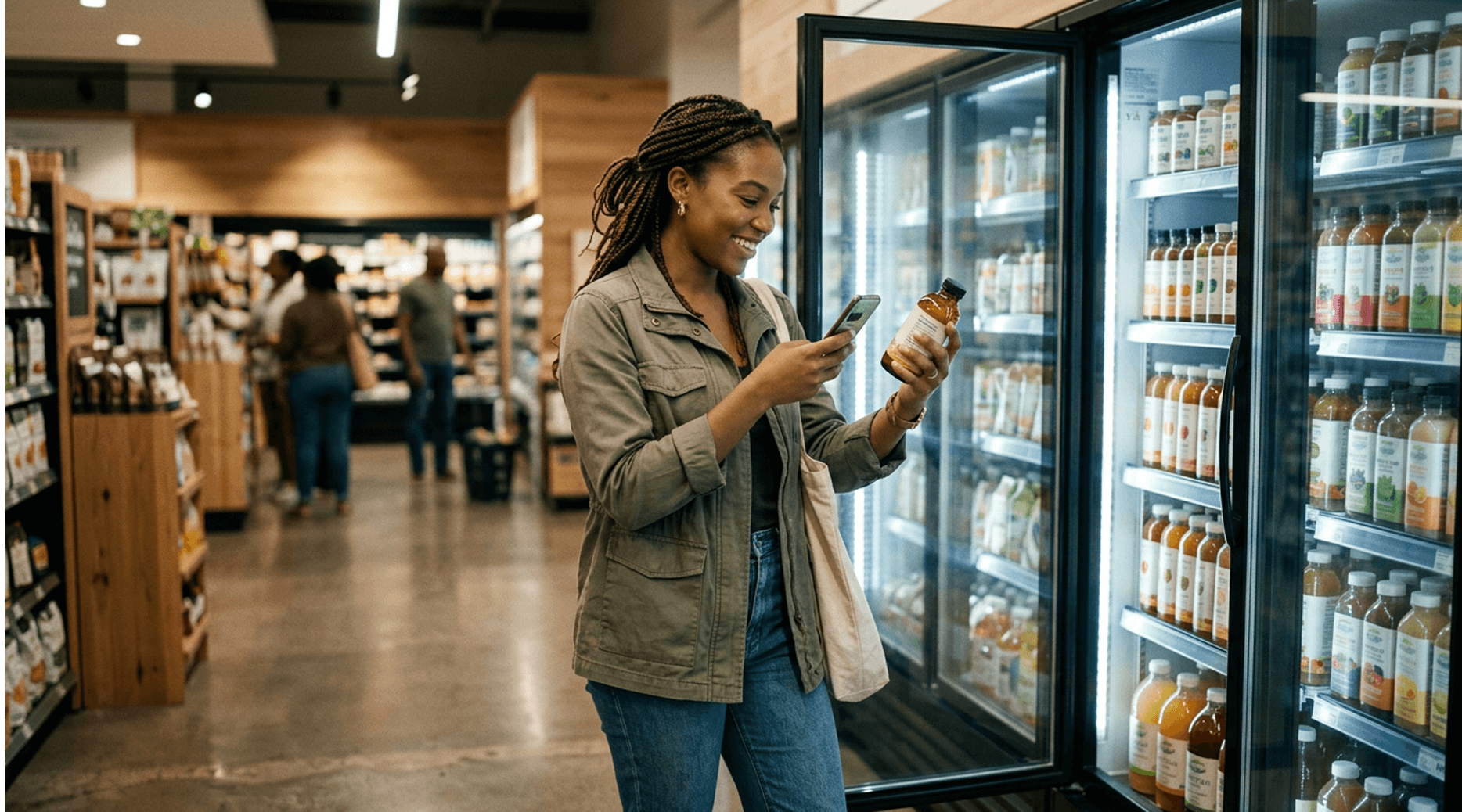 Smiling woman scans a beverage bottle with her smartphone in a grocery store aisle.