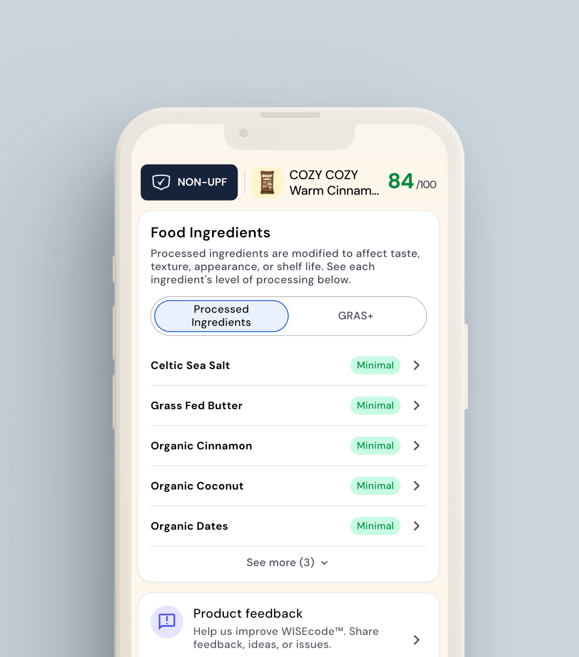 WISEcode app screen listing ingredient processing levels for a scanned snack, mostly rated minimal