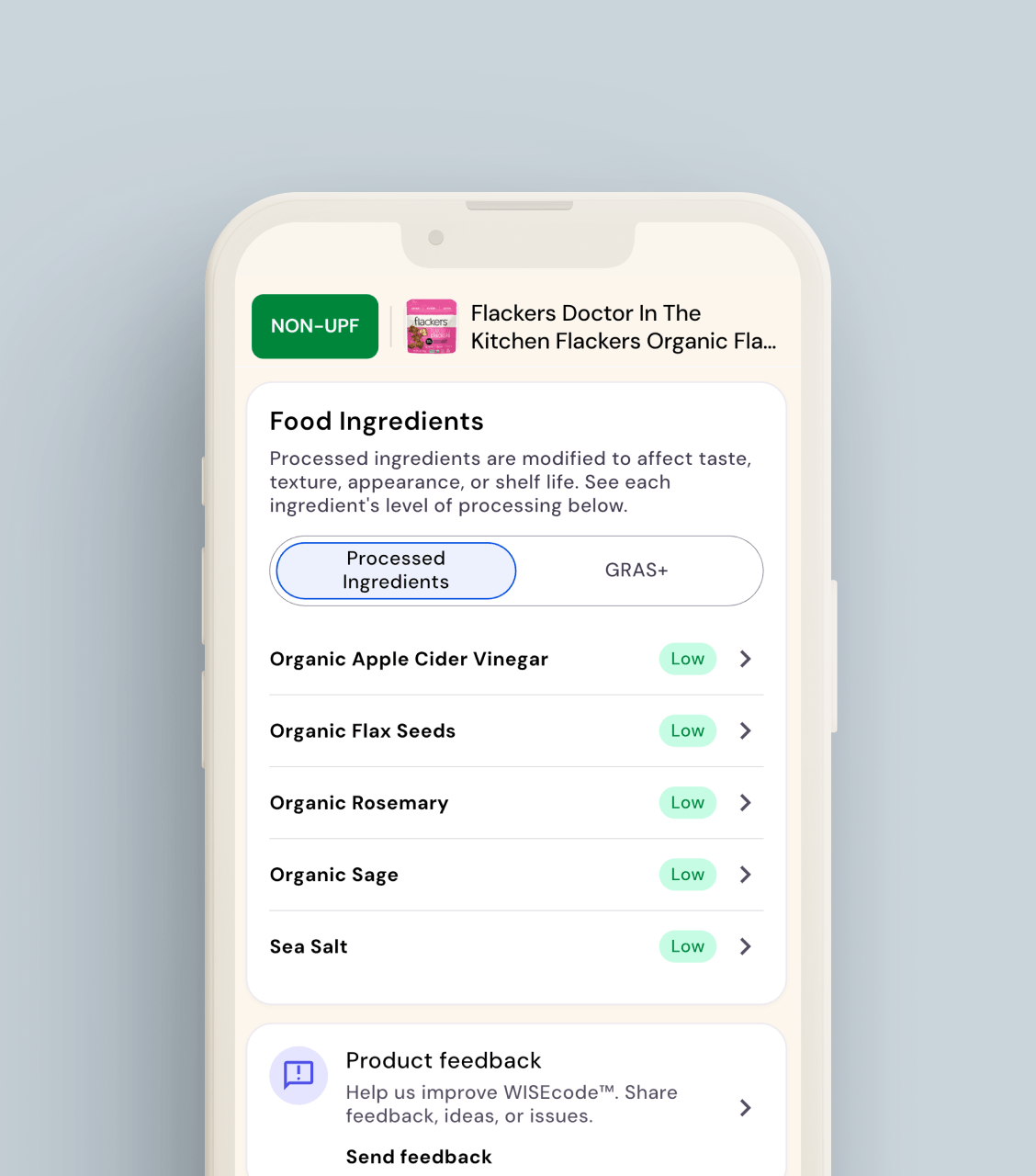 WISEcode UPF Detector App screen listing food ingredients with low processed levels in Flackers organic product.