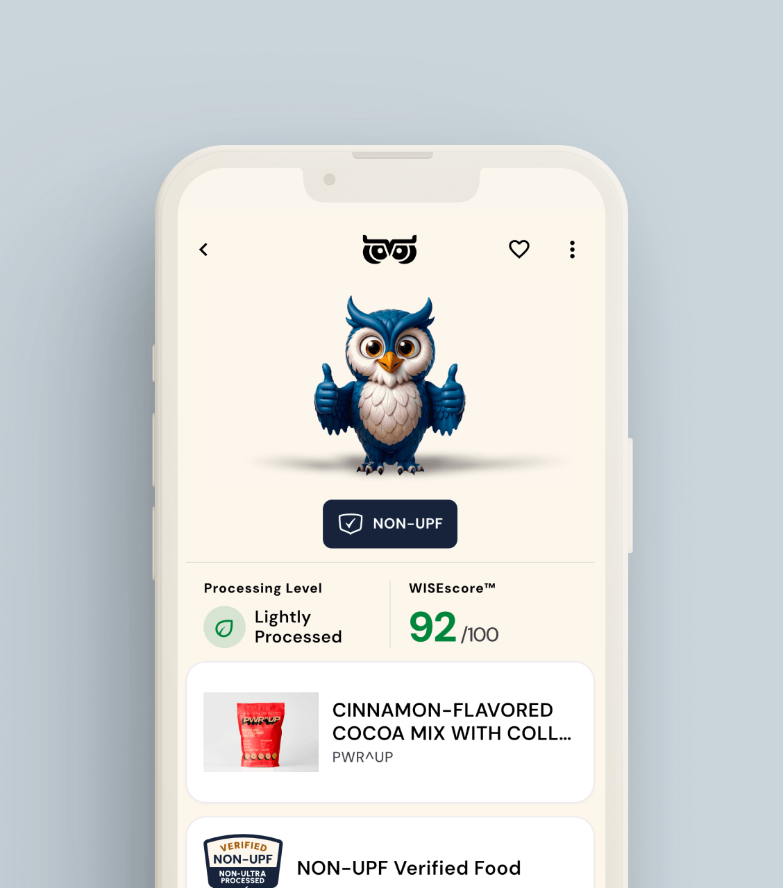 WISEcode app screen confirming a lightly processed, verified non-UPF product with a high WISEscore
