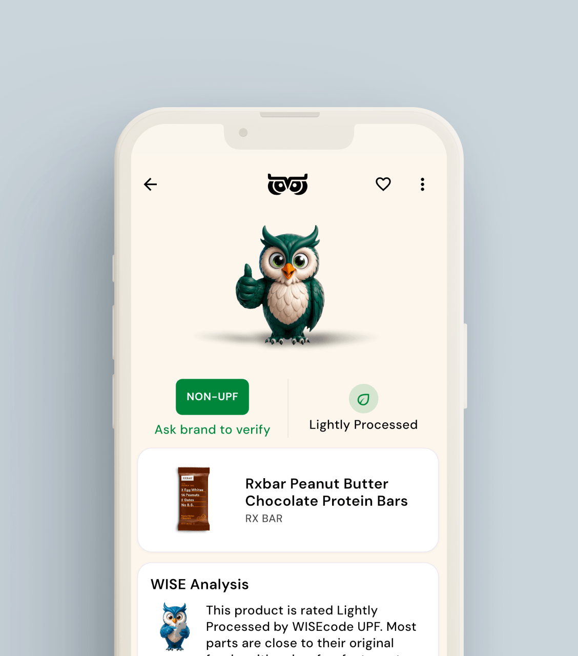 WISEcode UPF Detector App shows Rxbar peanut butter chocolate protein bar with lightly processed rating and owl mascot giving thumbs up.